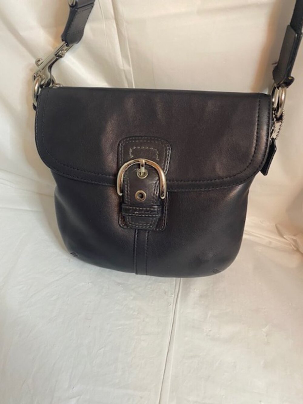 Vintage Coach Small Black Leather Crossbody With Buckle On Front Flap